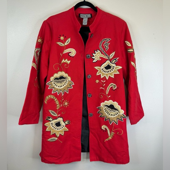 Indigo Moon M Red Floral Embroidered Jacket Floral Oriental Mandarin Buttons - Picture 2 of 15